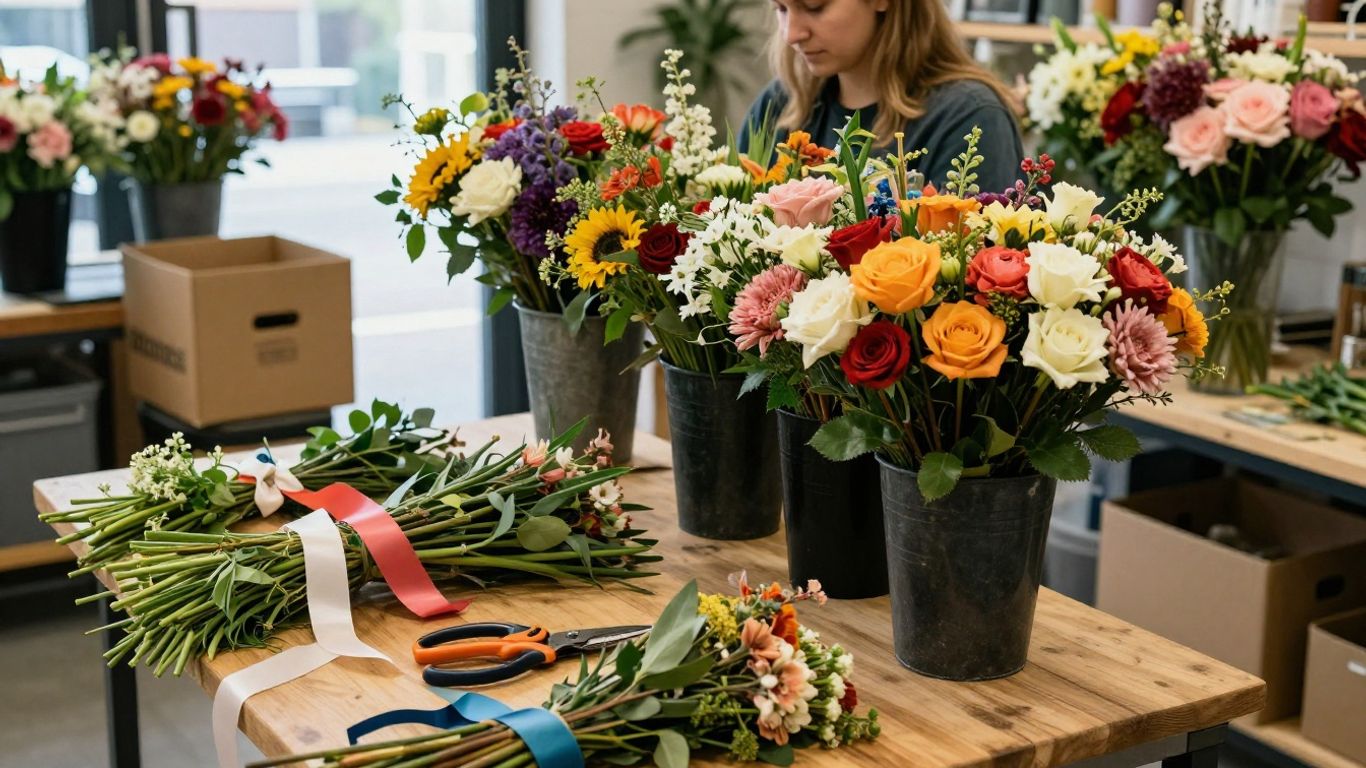 Florist preparing a same-day delivery arrangement