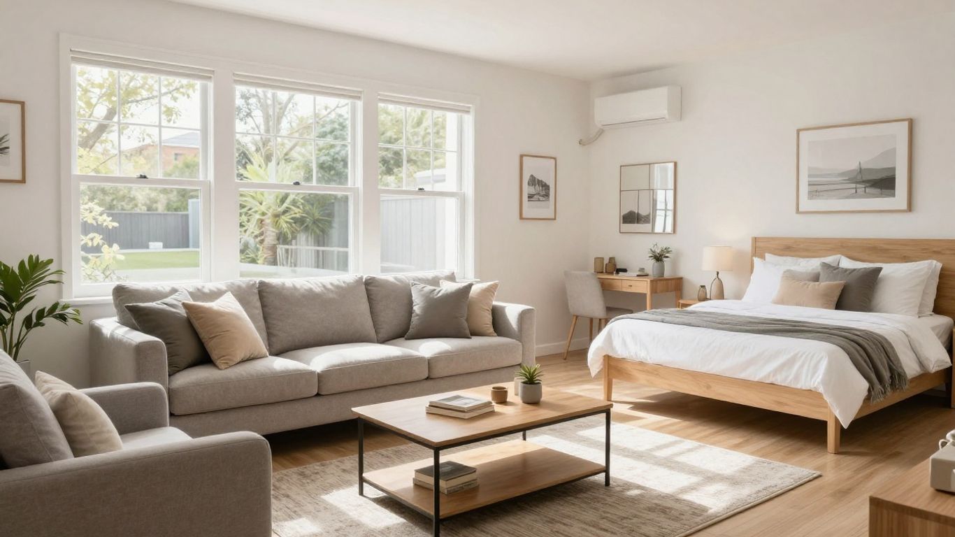 Furnished two-bedroom Airbnb interior with living room and bedroom.