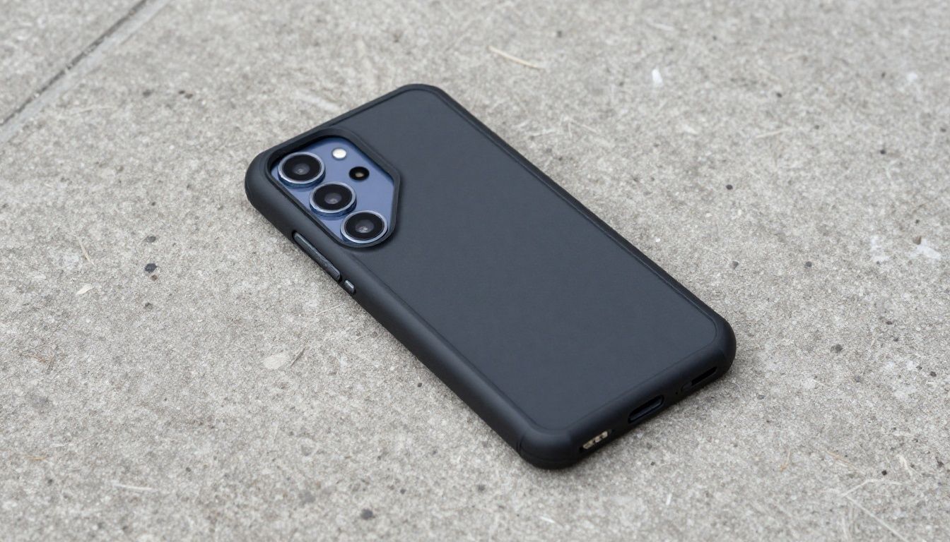 A person accidentally dropping their Samsung Galaxy S25 onto a concrete path, but the phone is protected by a heavy-duty case.