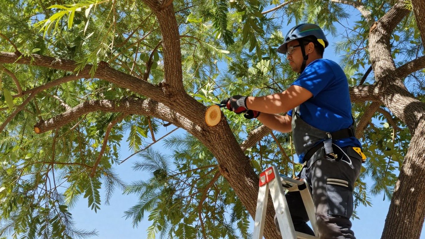 Maintenance crew trimming large canopy