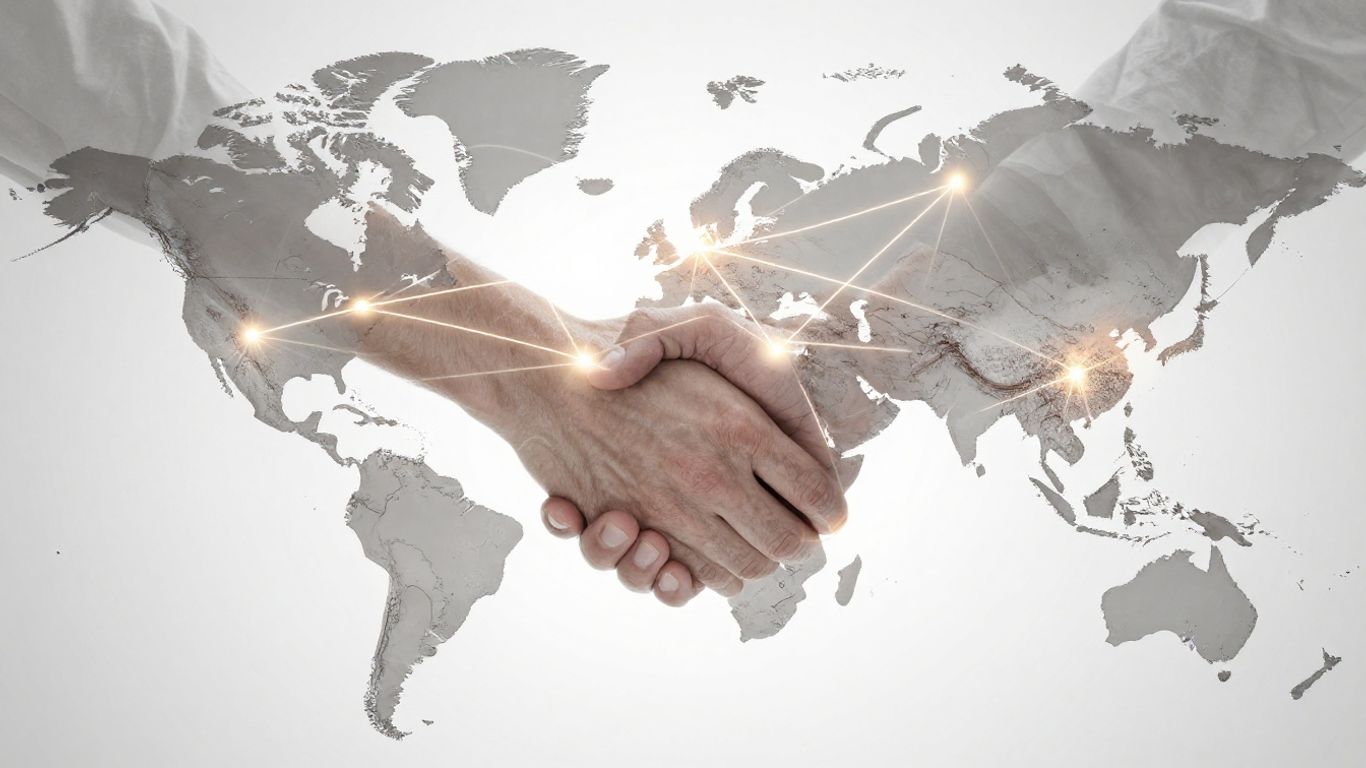 Mapa global con conexiones internacionales y apretón de manos.