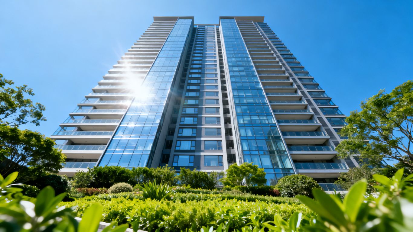 Modern high-rise residential tower against a blue sky.