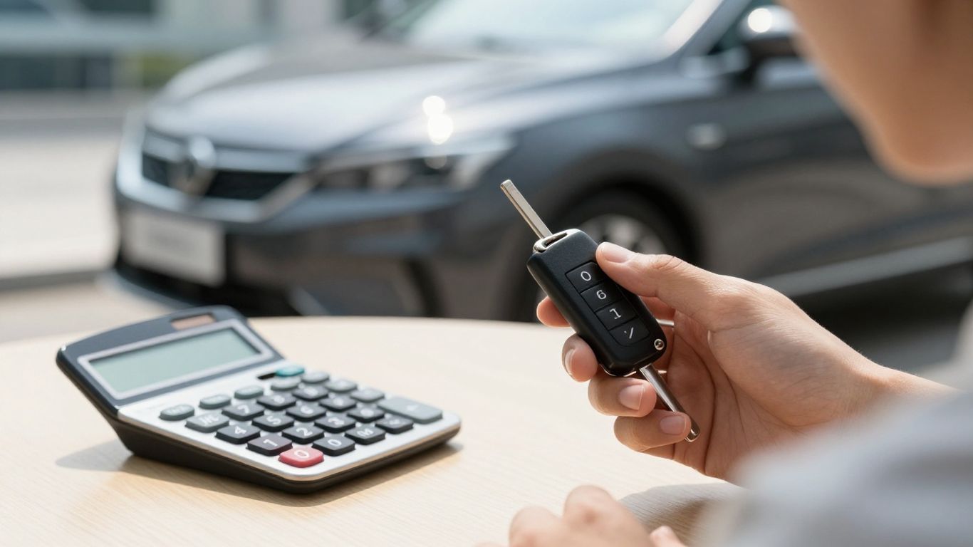 Car keys, calculator, and new car for auto loan calculation.
