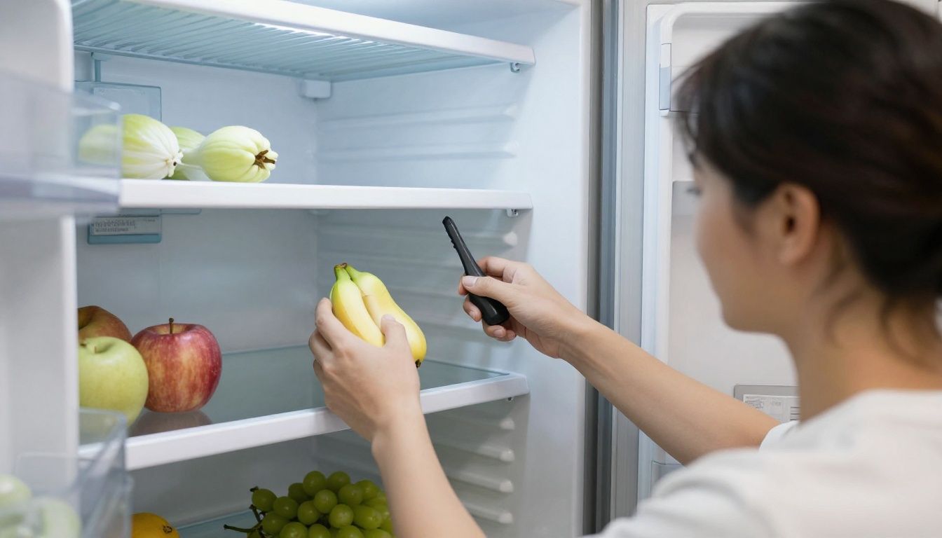 A person quickly organizing a refrigerator shelf, pulling older items to the front during a weekly reset.