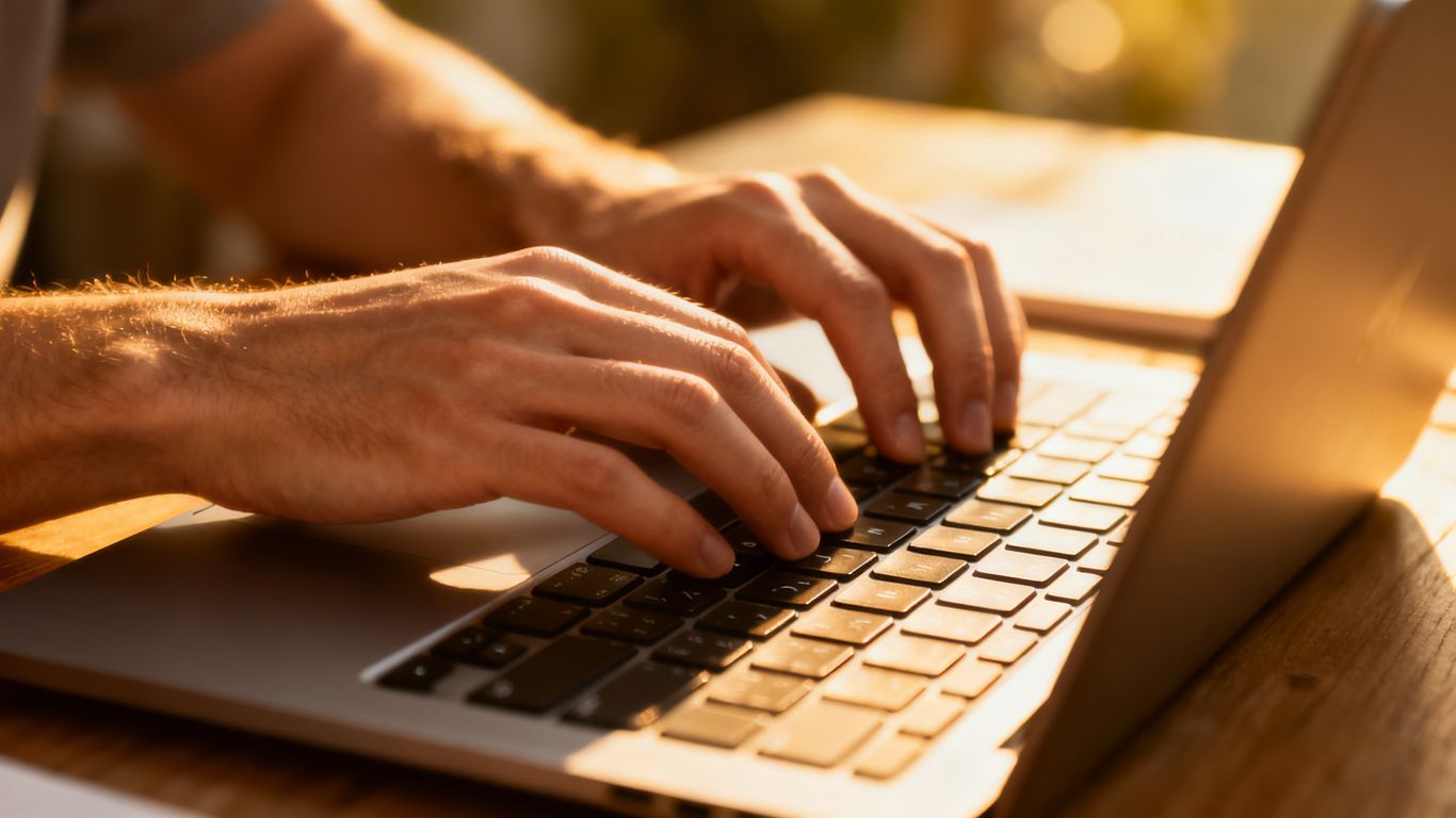 Hands typing on a laptop keyboard.