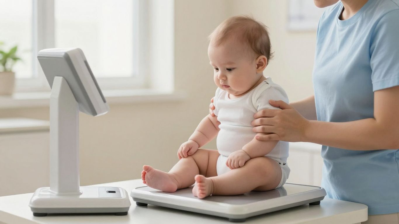 Bebé tranquilo junto a báscula pediátrica