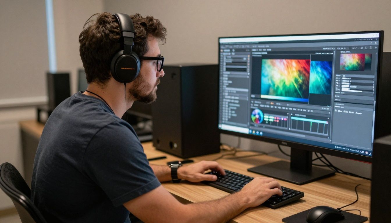 Um fotógrafo profissional editando uma imagem vibrante em um computador moderno com o software Lightroom aberto, exibindo ferramentas de ajuste de cor e luz