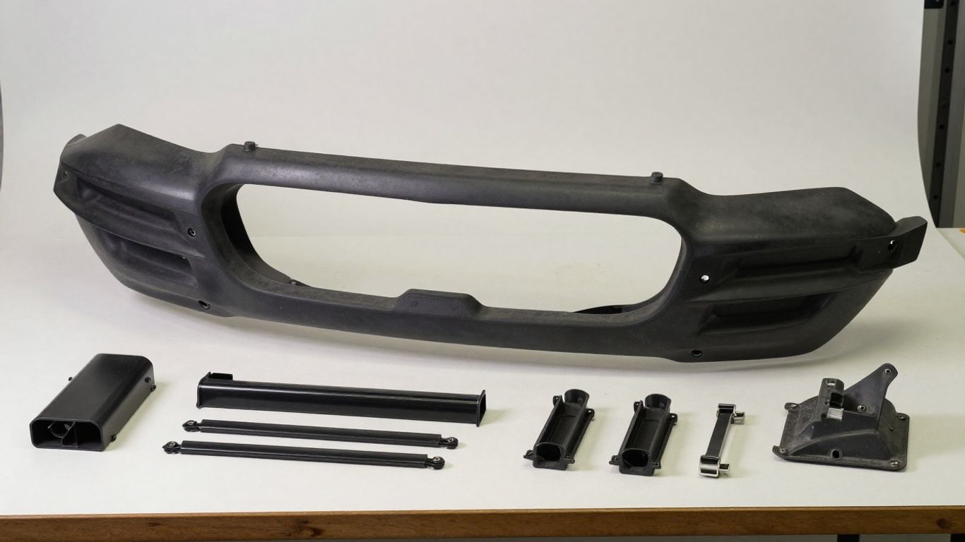 Used Chrysler bumper parts arranged for inspection