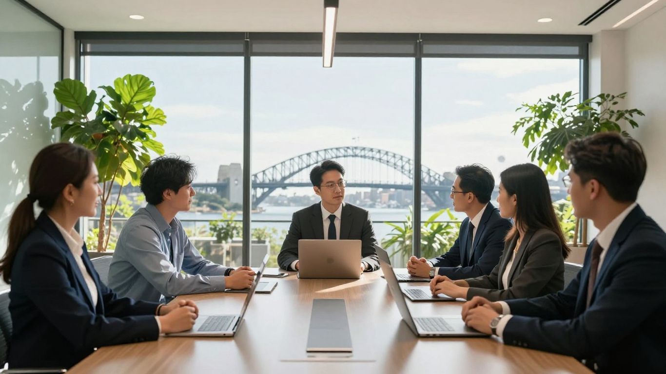 Australian professionals meeting in office with Sydney Harbour Bridge.