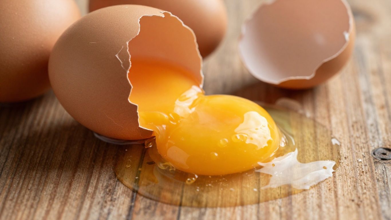 Golden egg yolk spilling from a cracked egg.