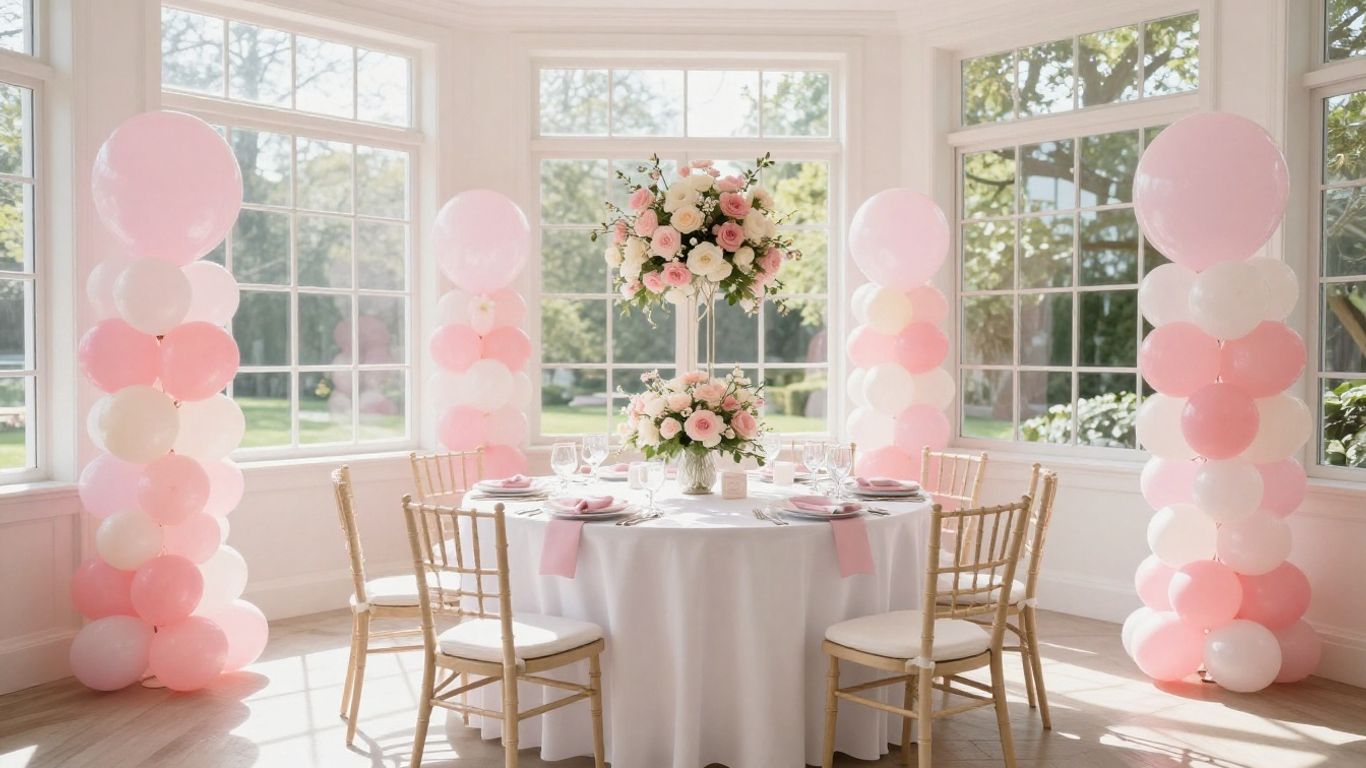 Elegant Dallas baby shower venue with balloons and flowers.
