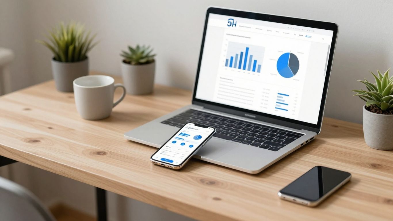 A clean office with a desk displaying interactive sites