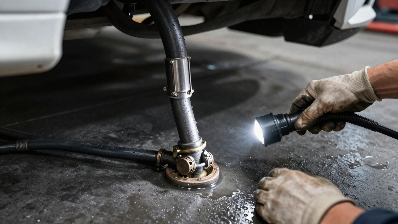 Leaking steering fluid beneath a Mercedes vehicle