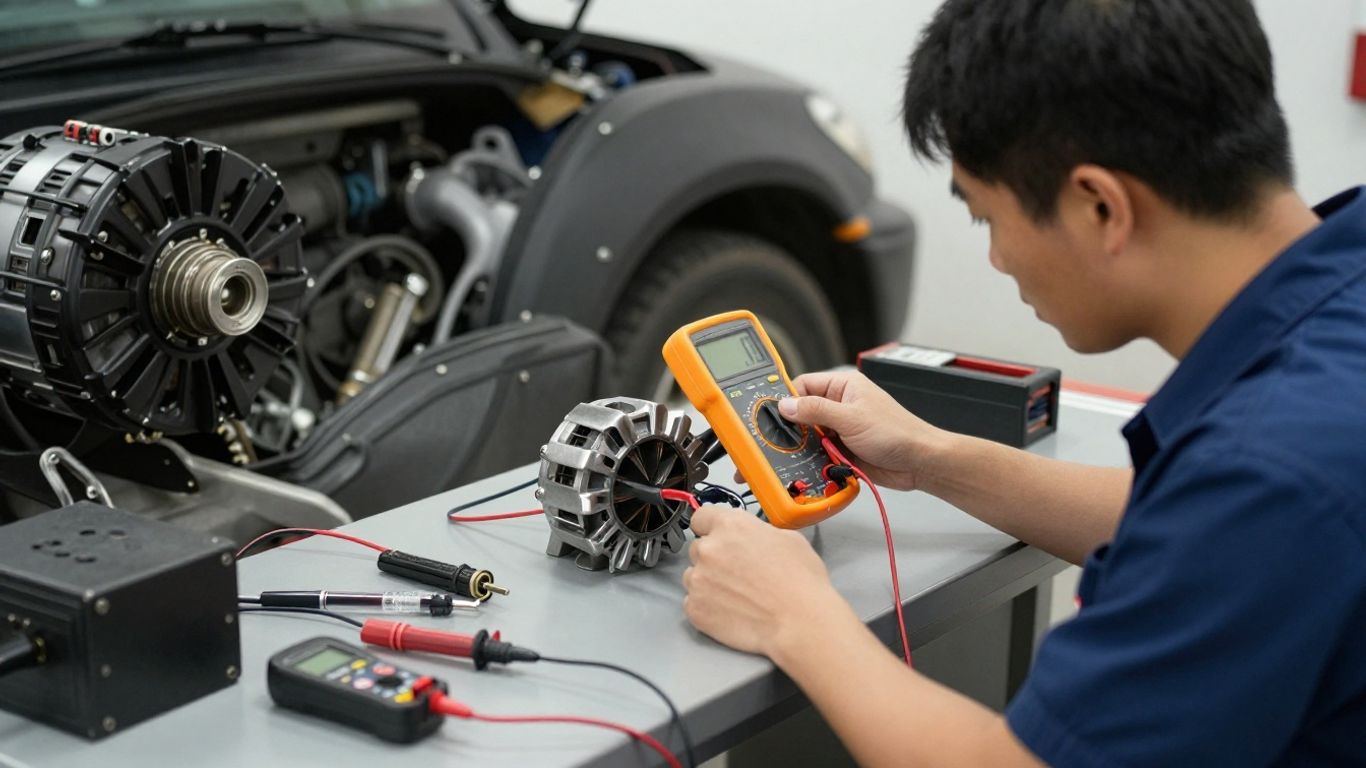 Mechanical technician testing electronic auto parts