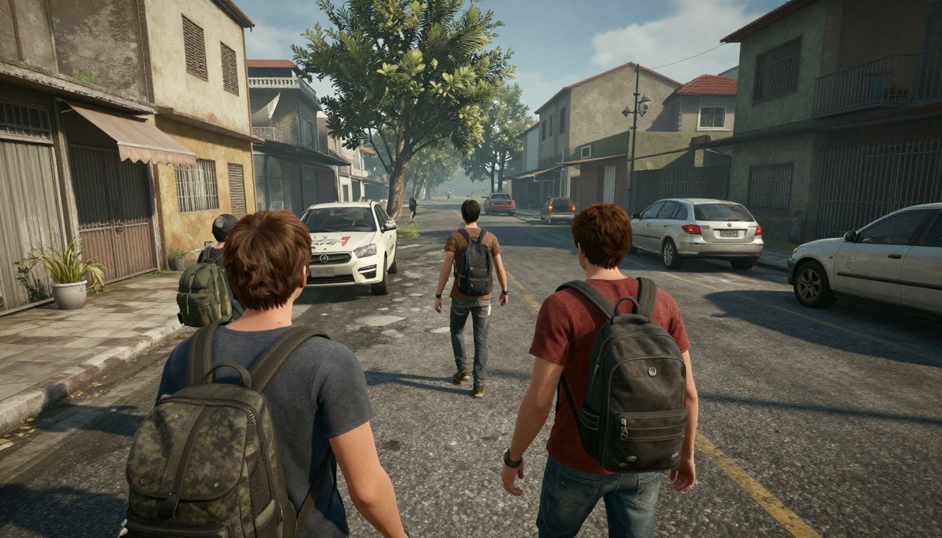 Um assalto cooperativo planejado por jogadores em um ambiente urbano do jogo