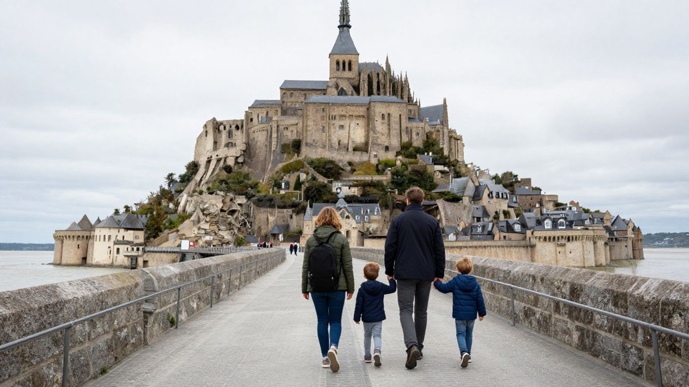 Family approaching Mont Saint-Michel across the causeway
