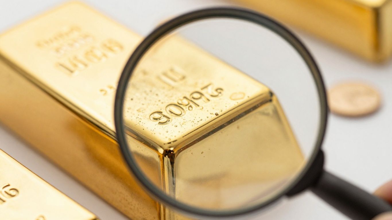 Loupe examinant une barre d'or pour vérifier son authenticité.