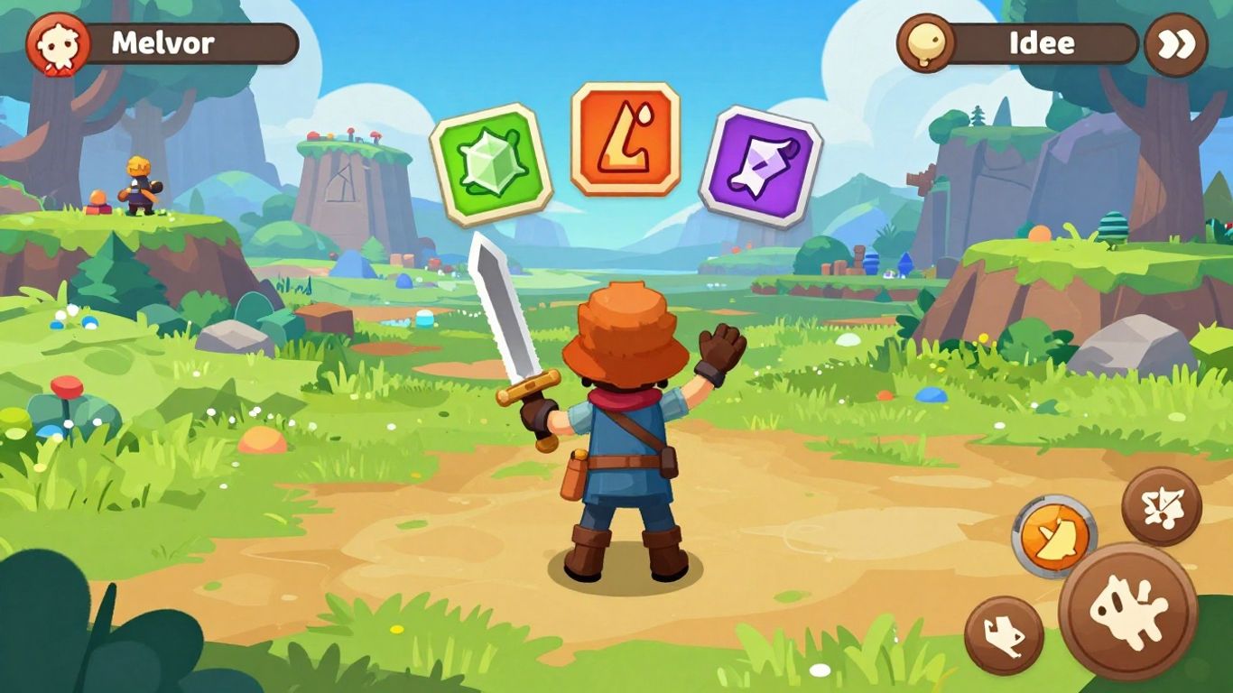 Melvor Idle character in a fantasy world with skill icons.