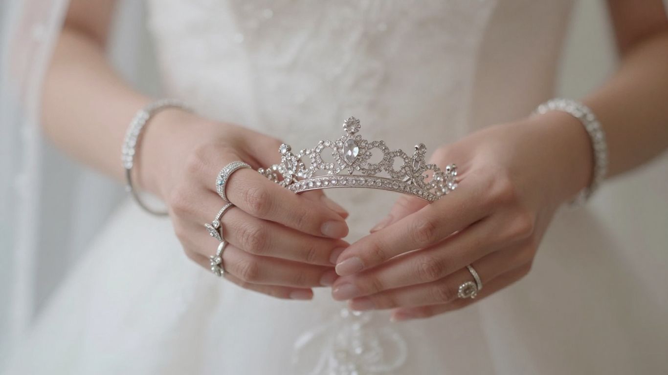 Bride's hands with rings, bracelets, and tiara.