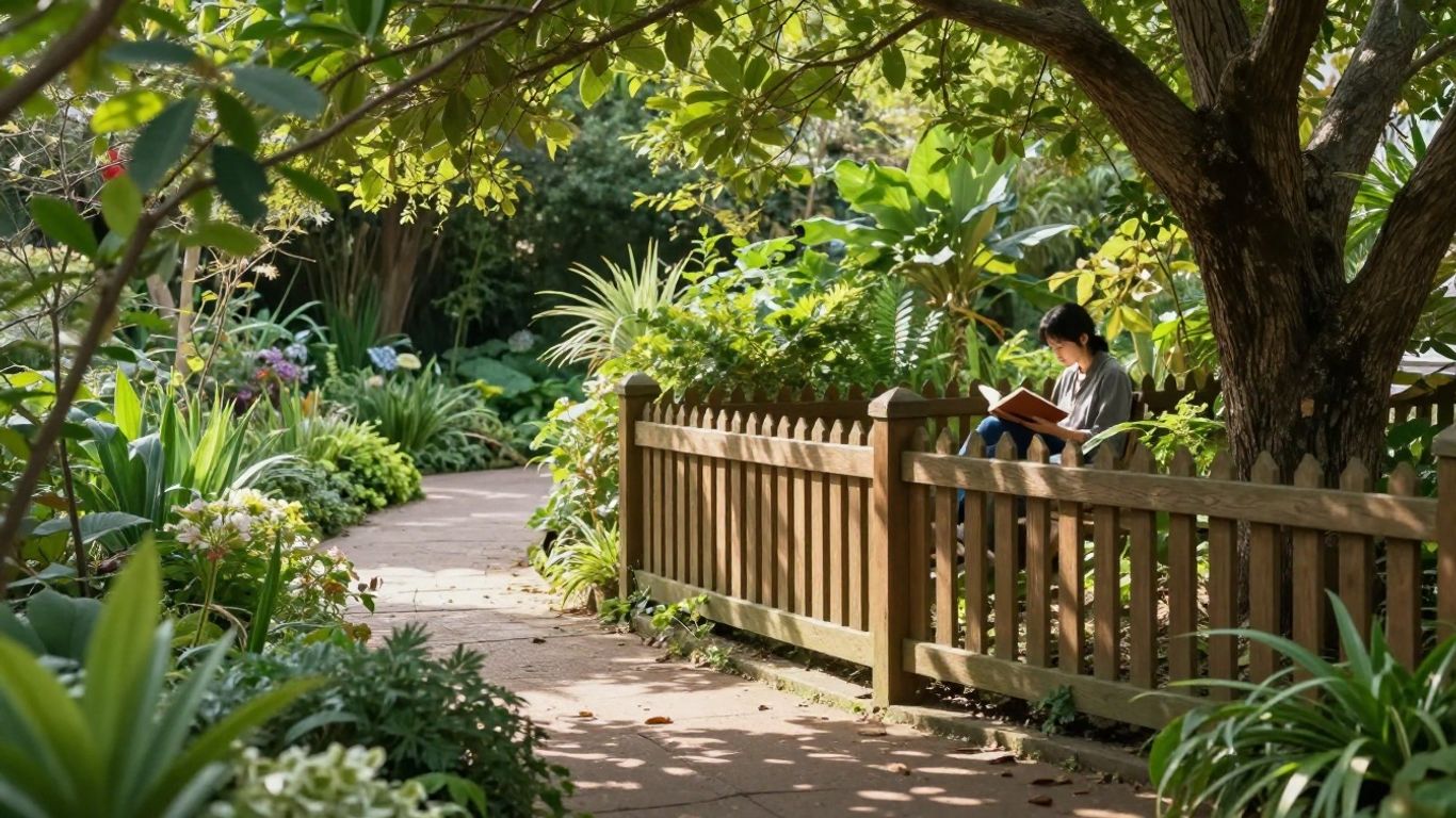 Garden path leading to a fence with someone reading.