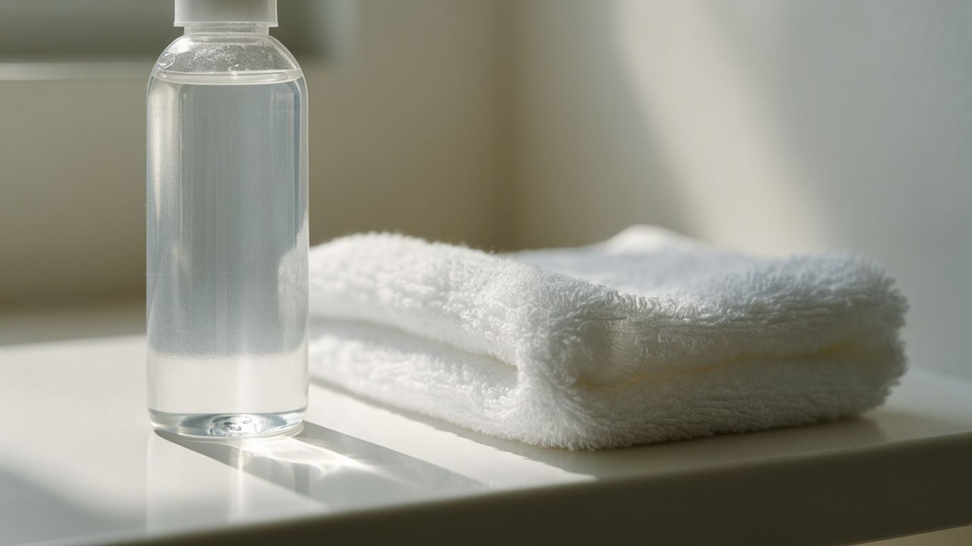 A clear lubricant bottle beside a folded cotton towel