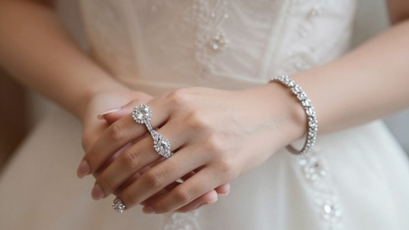 Bride's hands with diamond rings and bracelet.