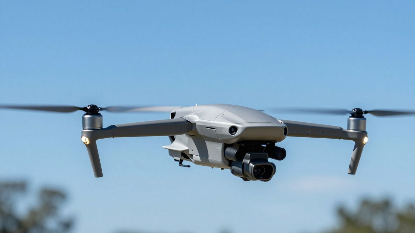 Drone flying in a clear blue sky.