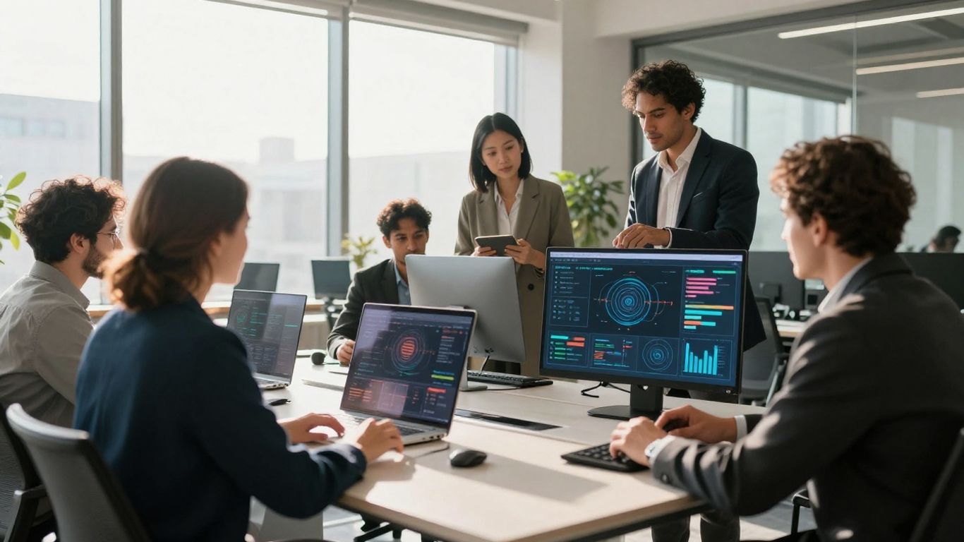 Profesionales colaborando en una oficina moderna con pantallas digitales.