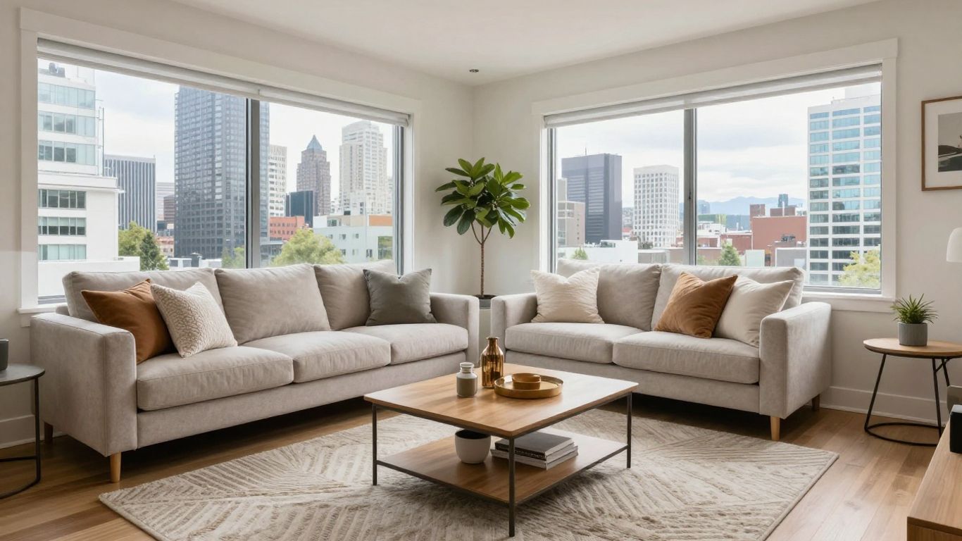 Stylish Seattle rental living room with city views.