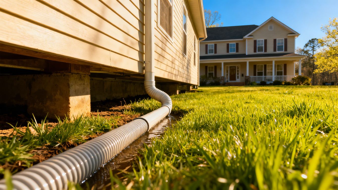 Home with clear drainpipe on a sunny spring day.