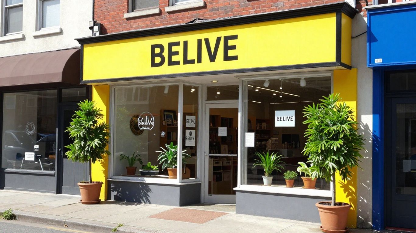 Local business storefront with plants and street address visible.