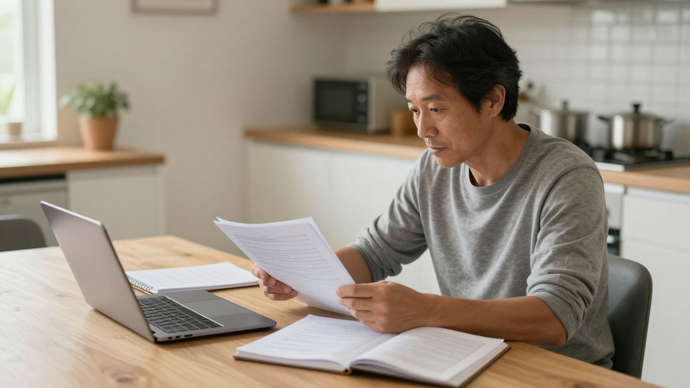Adult learner reviewing notes beside a laptop