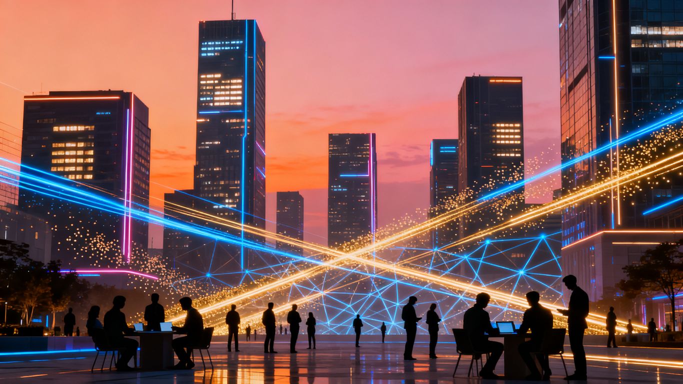 Cityscape with glowing lights and interacting figures.