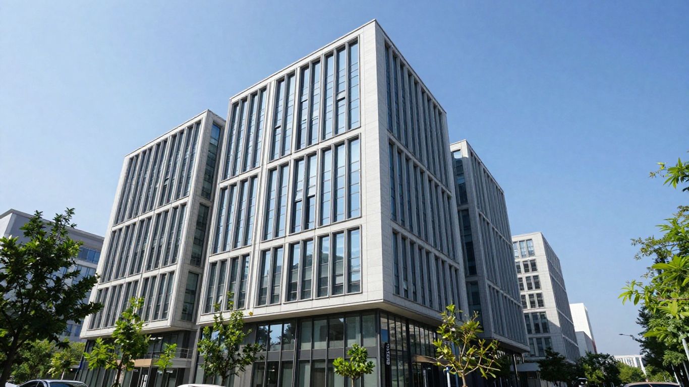 Bâtiment moderne d'Engie avec ciel bleu et verdure.
