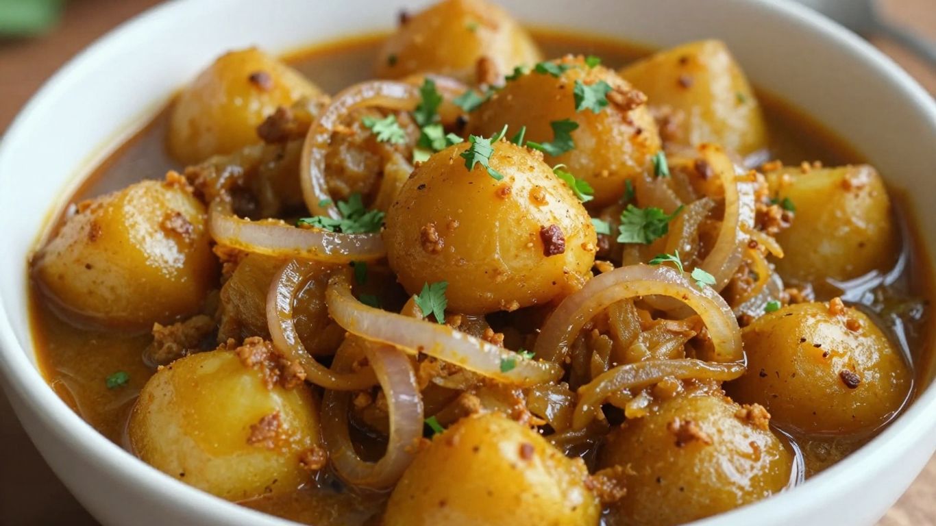 Bowl of Aloo Pyaz Sabzi with potatoes and onions.