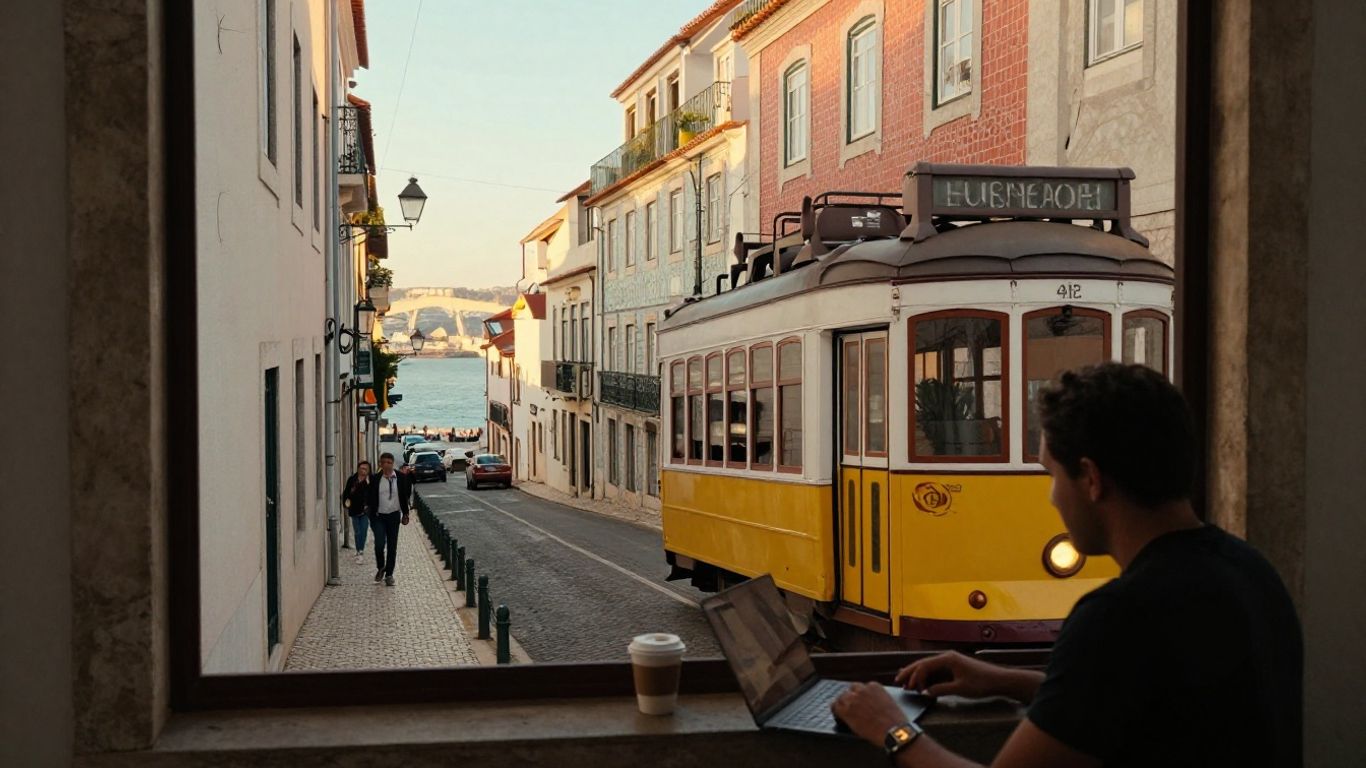 Lisbon tram beside colorful hillside homes