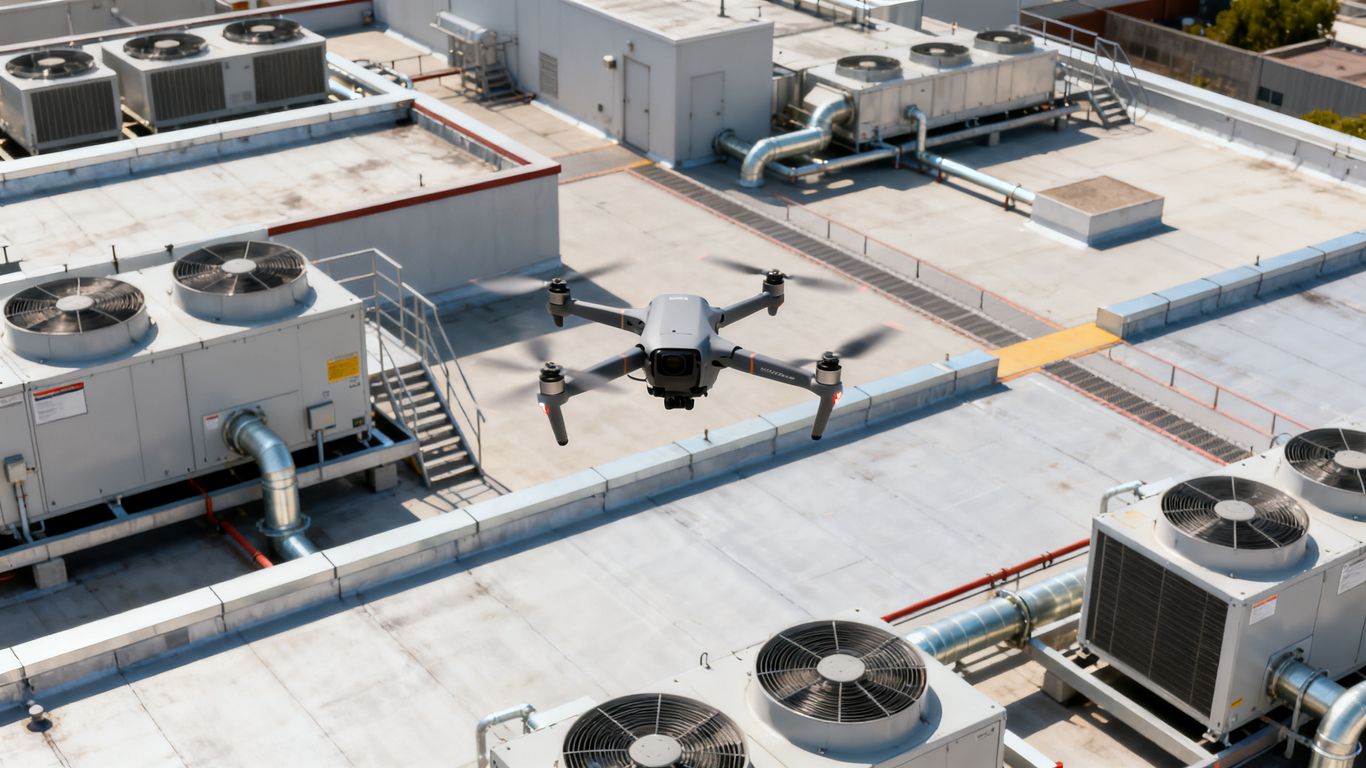 Drone capturing thermal imagery above rooftop HVAC