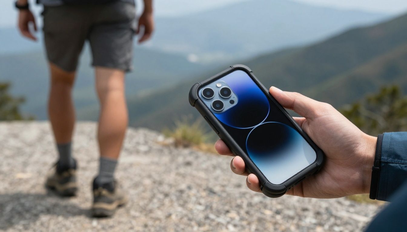 A person hiking in the Blue Mountains, carefully checking their iPhone 16 Pro in a rugged case.