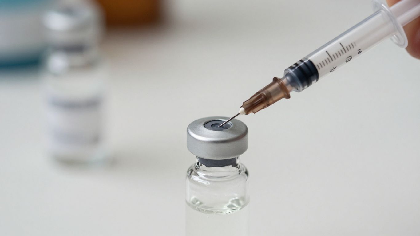 Syringe poised over peptide vial for reconstitution.