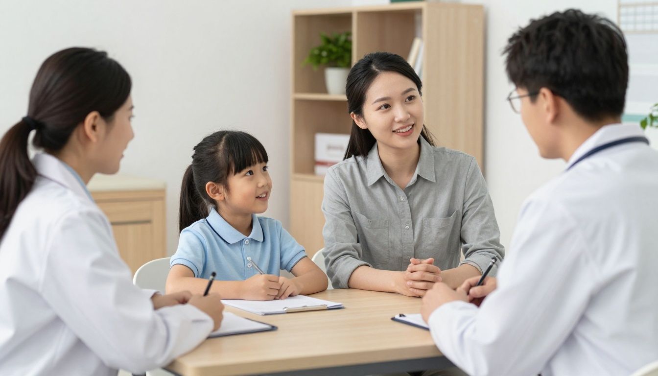 A parent and child discussing school progress with a pediatrician in a welcoming clinic setting