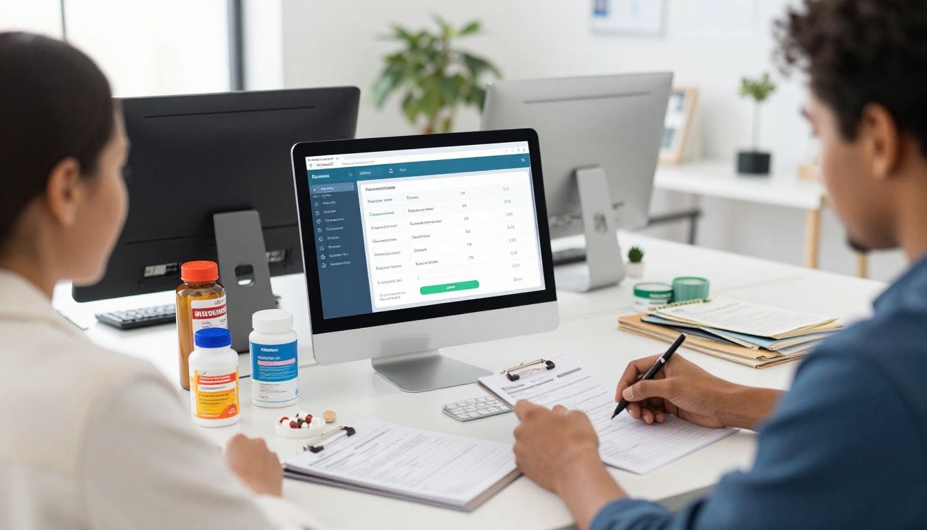 Bright modern health-tech workspace showing a diverse American adult reviewing a treatment-tracking app beside organized supplements, lab notes, fitness data, and recovery essentials; realistic natural lighting, clean contemporary setting, no text or logos