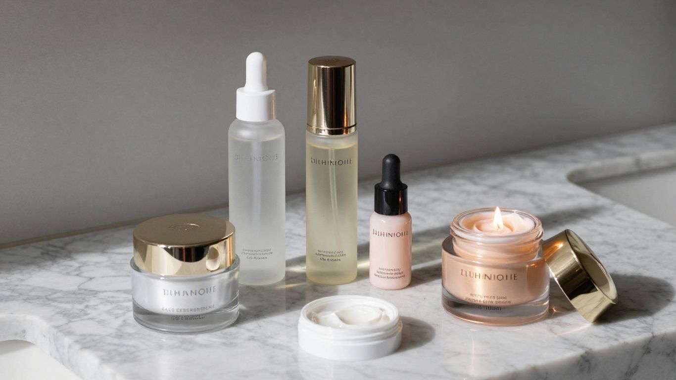 A beautifully arranged vanity with moisturizing face creams and glowing cosmetics