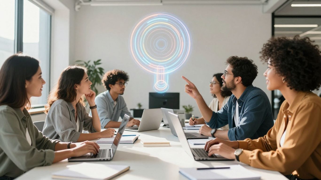 Pessoas colaborando em ideias inovadoras em um escritório moderno.