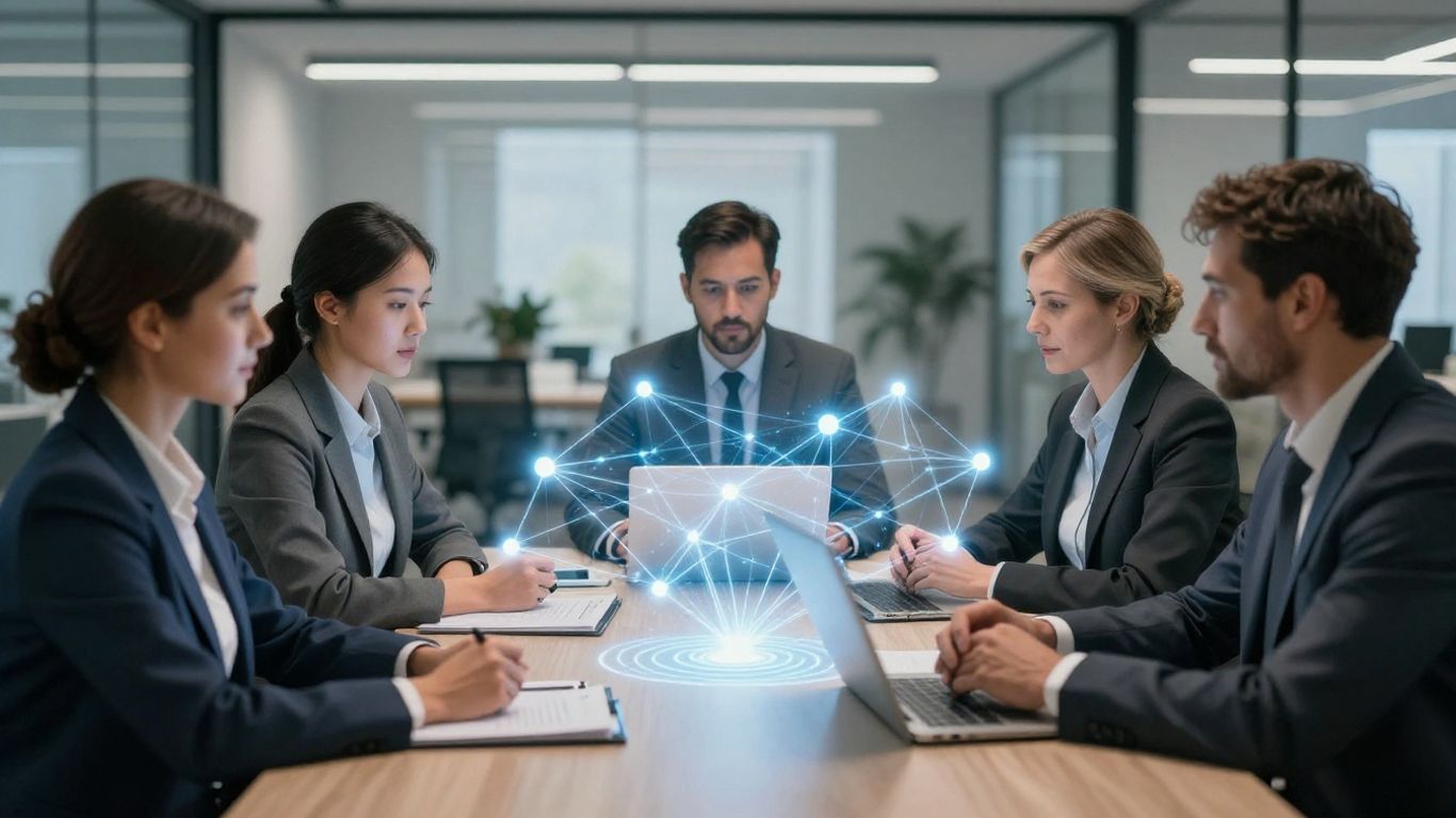 Professionals connected by digital links, unified authentication.
