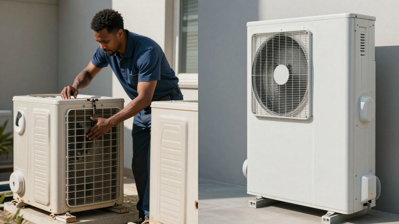 Old and new HVAC units, repair versus replacement.