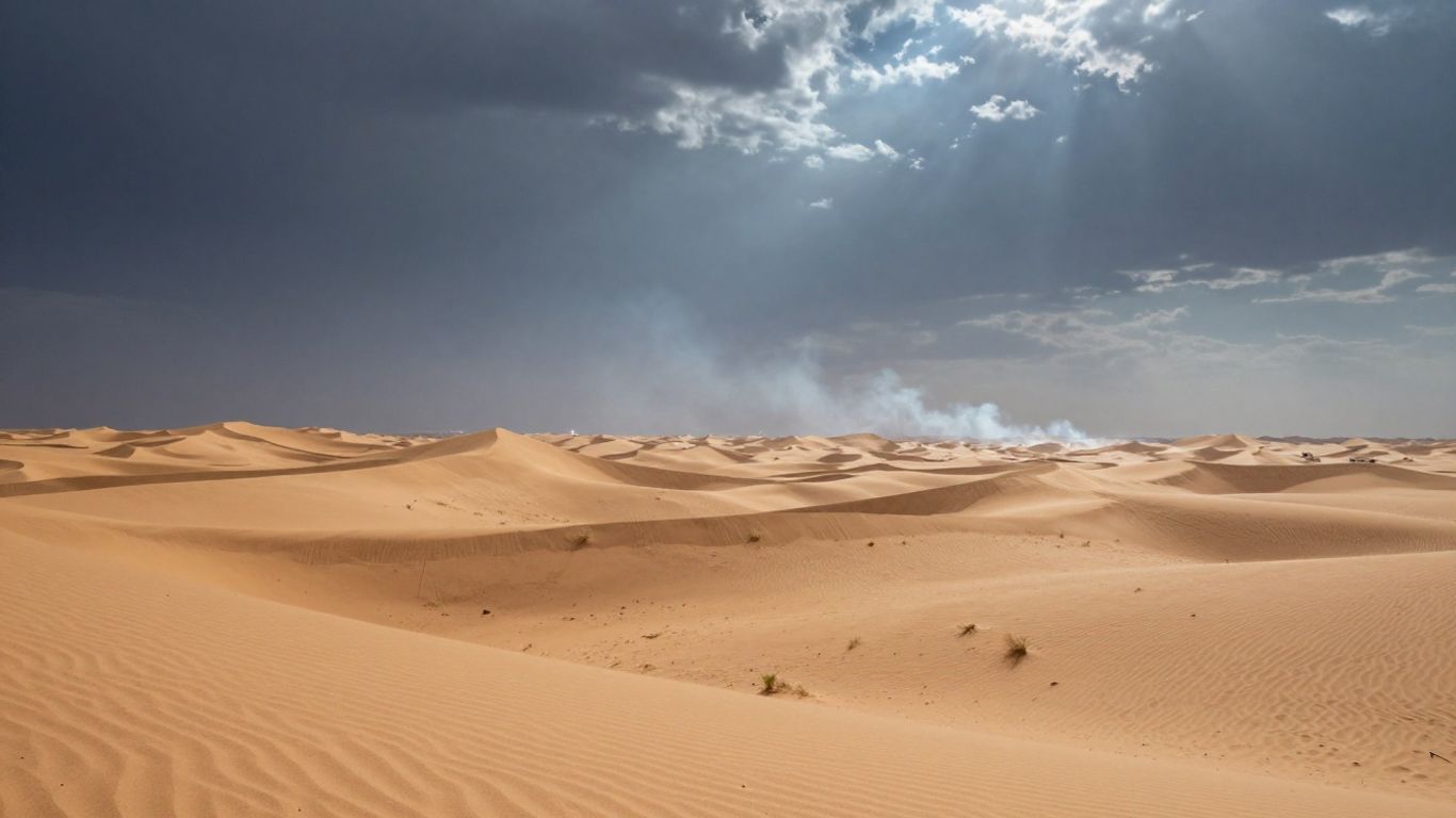 Desert landscape with distant signs of conflict.