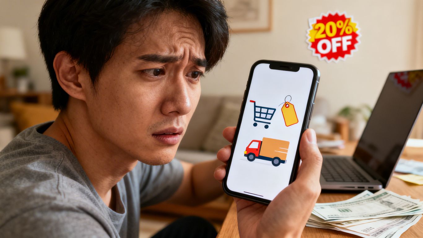 Mann schaut besorgt auf Handy mit Einkaufswagen-Symbol, Kleinanzeigen Betrug
