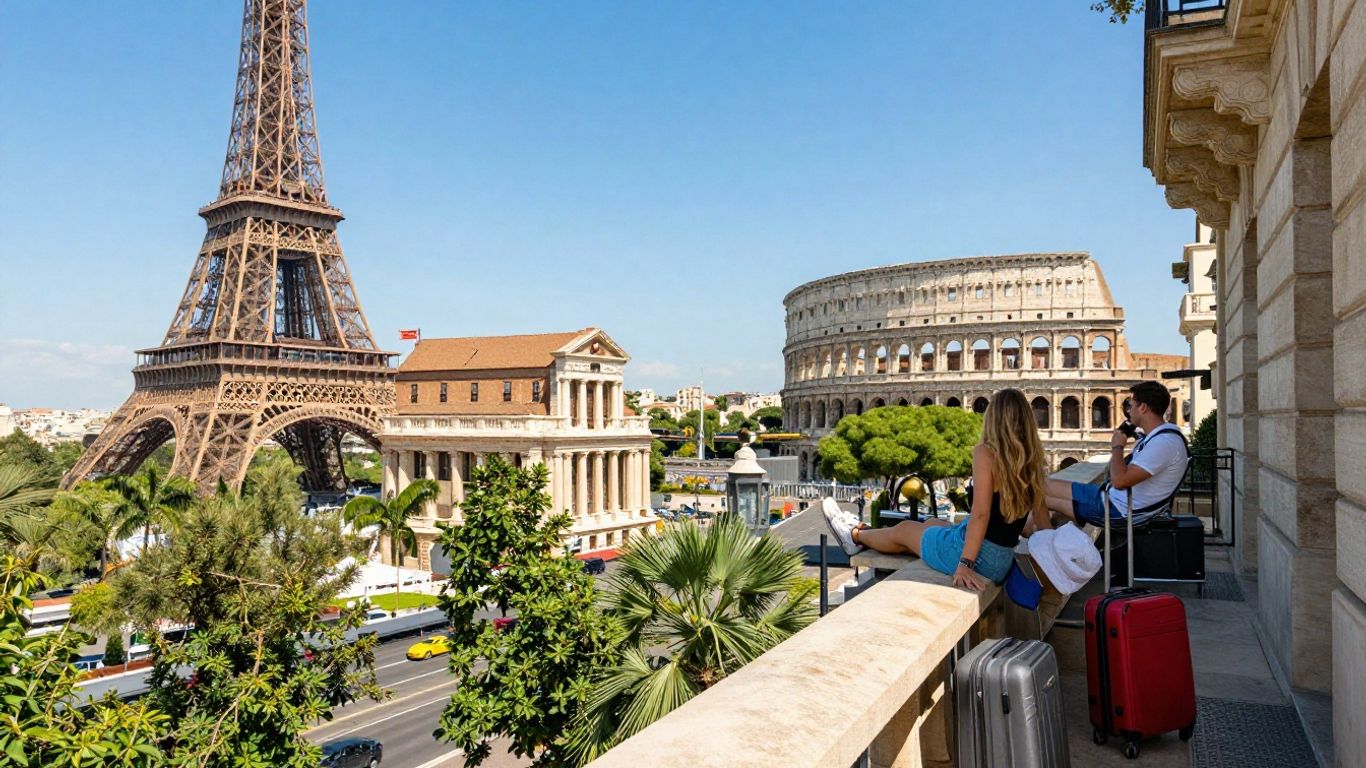 Couple enjoying a European vacation view with luggage.