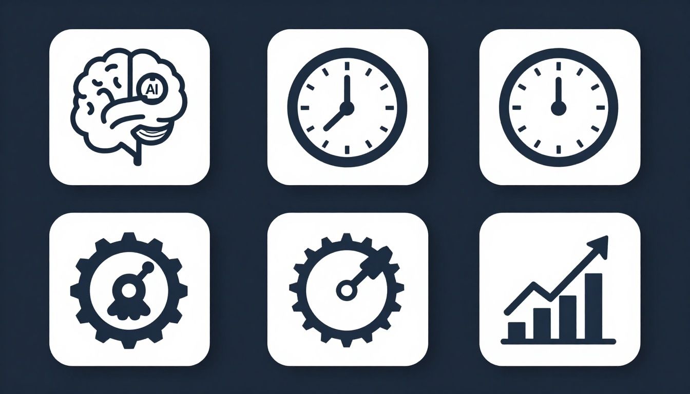 An infographic showing icons for key evaluation criteria: a brain for AI, a clock for real-time data, a gear for integrations, and a chart for reporting.