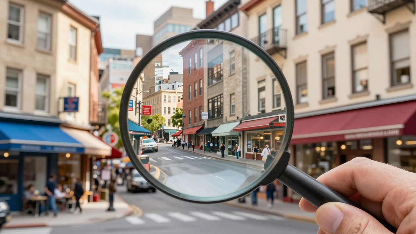 City map with magnifying glass focusing on a local area.